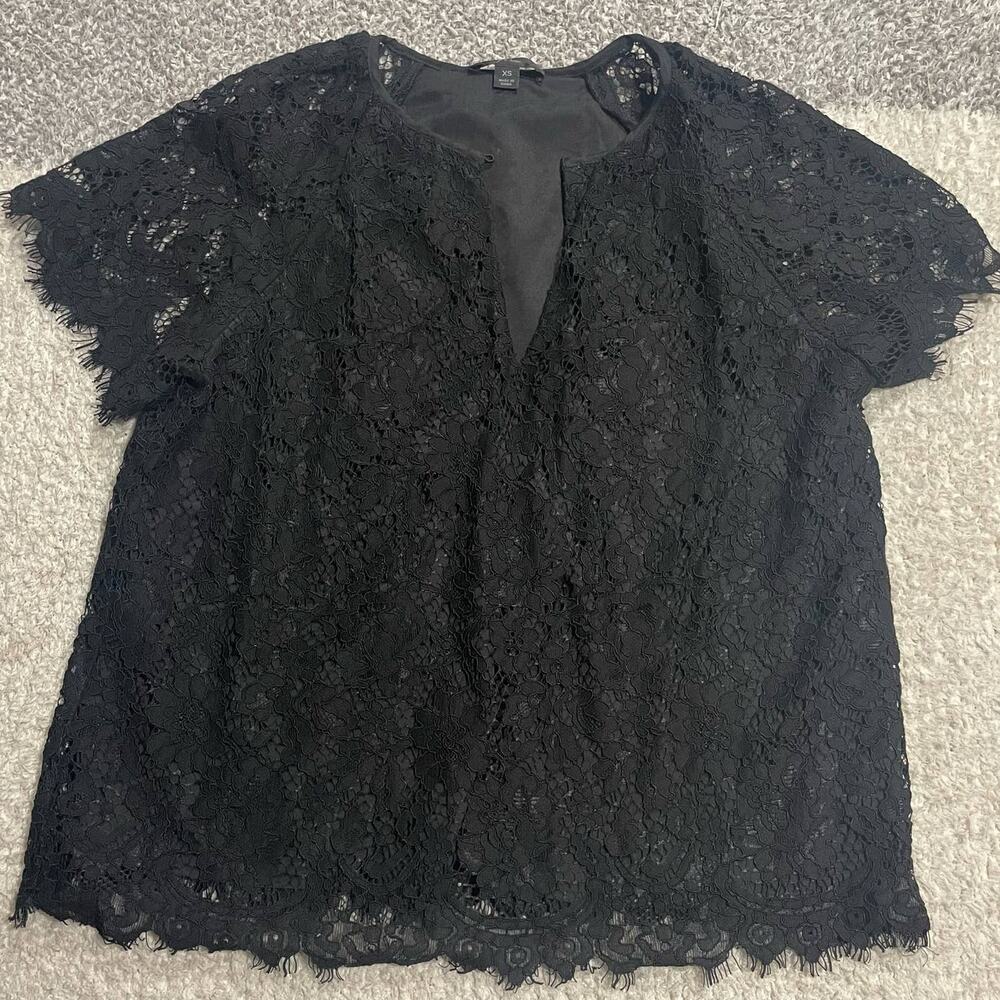 J. Crew Womens XS Short Sleeve Lace Floral Keyhole Top Black  K2653 2019006CN01